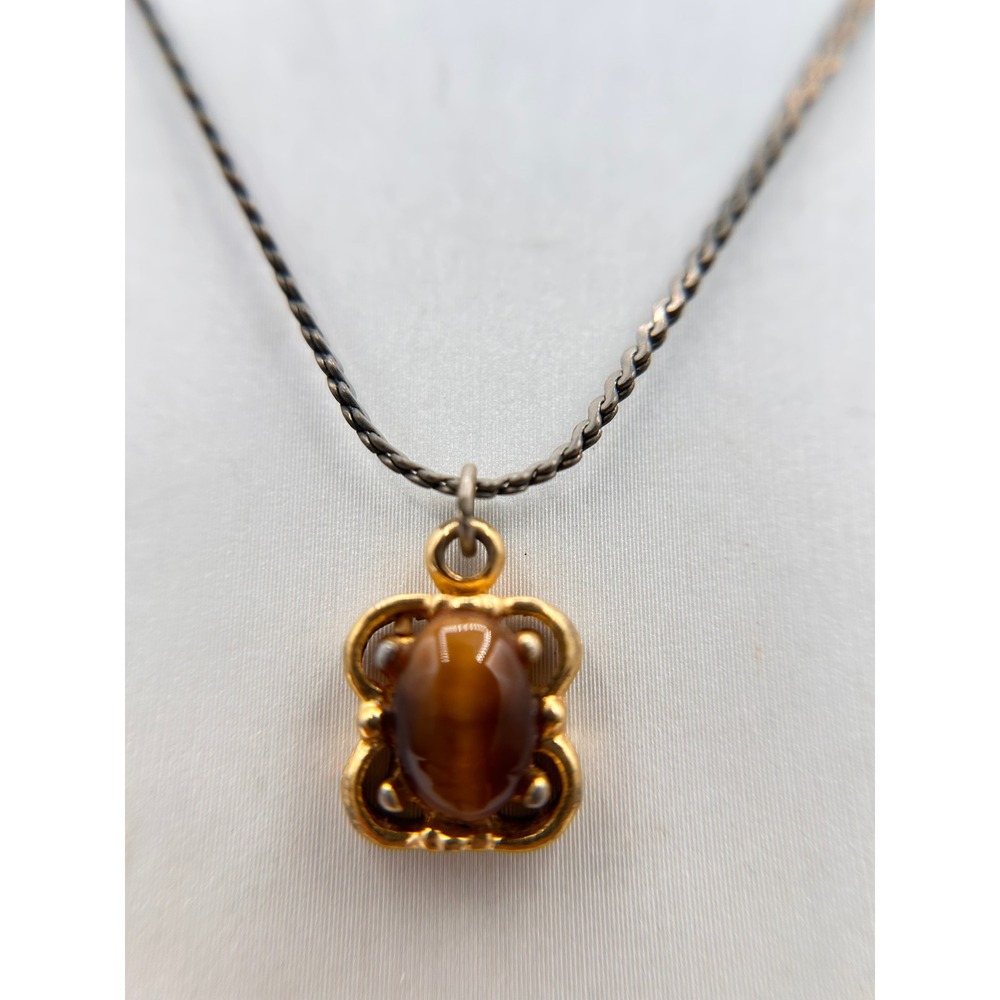 Tiger's Eye Pendant Necklace Women OS Brown Good Vintage Mixed Metal